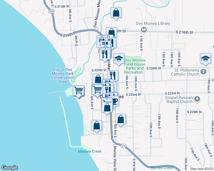 map of restaurants, bars, coffee shops, grocery stores, and more near 22207 Marine View Dr S in Des Moines