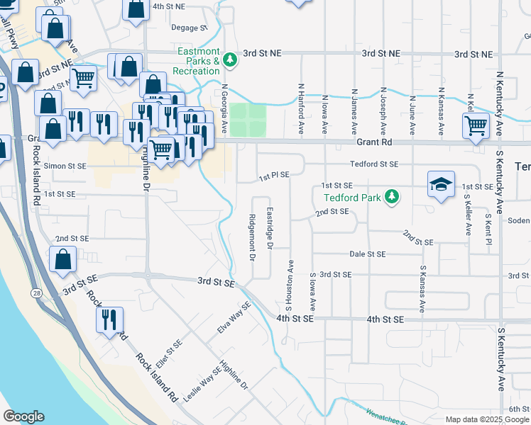map of restaurants, bars, coffee shops, grocery stores, and more near 120 Eastridge Drive in East Wenatchee