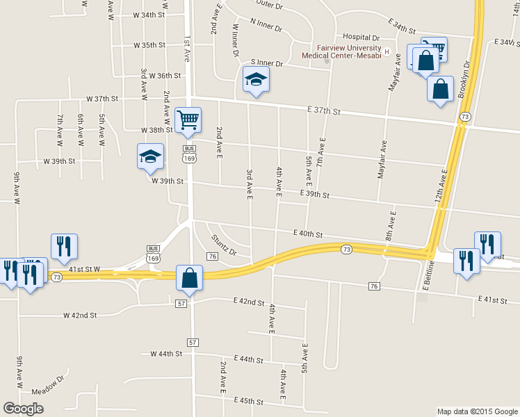 map of restaurants, bars, coffee shops, grocery stores, and more near 3922 3rd Avenue East in Hibbing