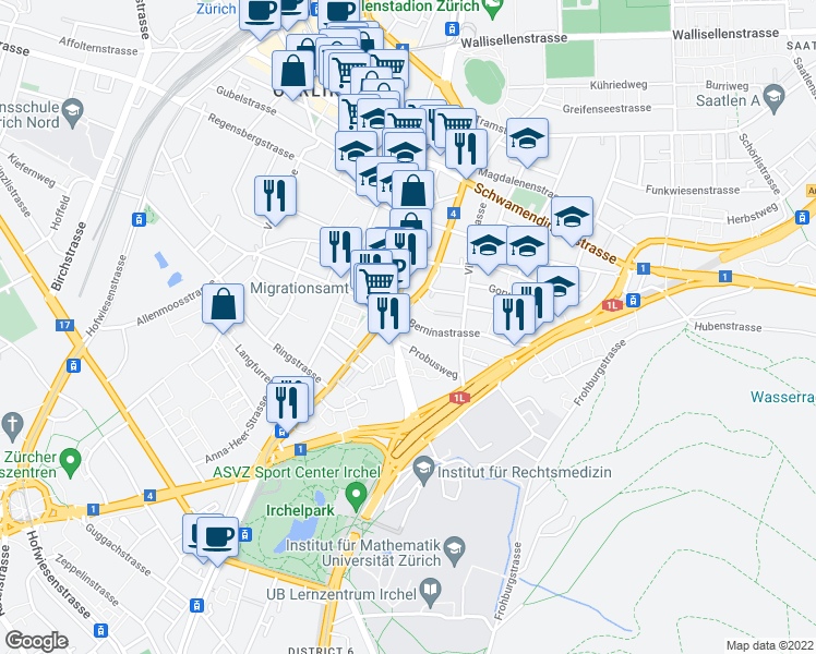 map of restaurants, bars, coffee shops, grocery stores, and more near 39 Berninastrasse in Zurich