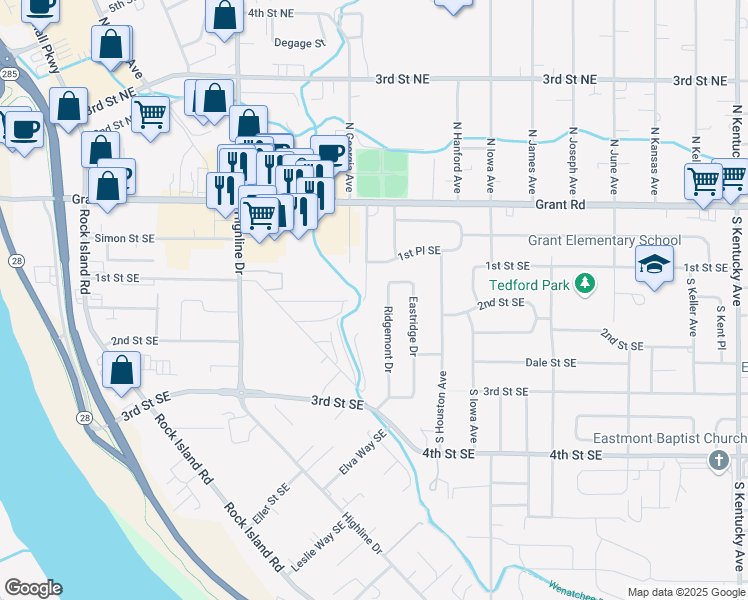 map of restaurants, bars, coffee shops, grocery stores, and more near 239 South Georgia Avenue in East Wenatchee