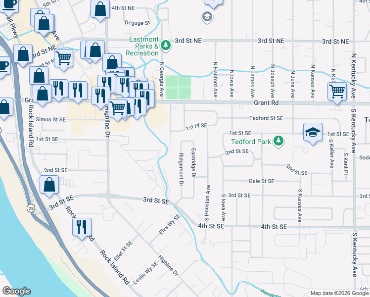 map of restaurants, bars, coffee shops, grocery stores, and more near 120 Eastridge Drive in East Wenatchee