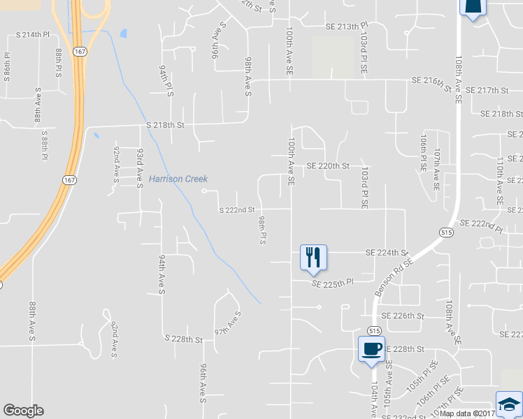 map of restaurants, bars, coffee shops, grocery stores, and more near 22201 98th Place South in Kent