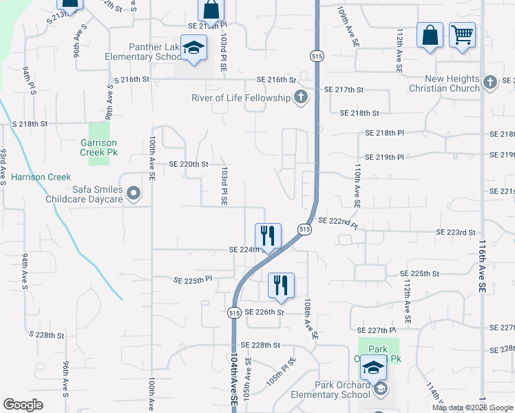 map of restaurants, bars, coffee shops, grocery stores, and more near 22209 105th Avenue Southeast in Kent