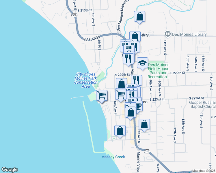 map of restaurants, bars, coffee shops, grocery stores, and more near in Des Moines