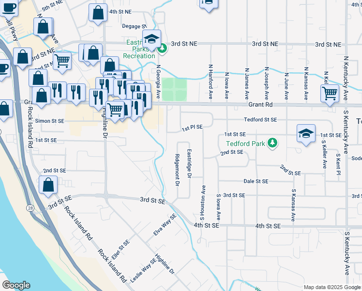 map of restaurants, bars, coffee shops, grocery stores, and more near 120 Eastridge Drive in East Wenatchee