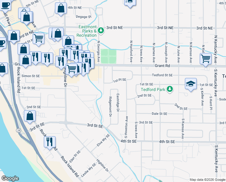 map of restaurants, bars, coffee shops, grocery stores, and more near 120 Eastridge Drive in East Wenatchee