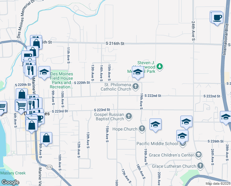 map of restaurants, bars, coffee shops, grocery stores, and more near 22039 16th Avenue South in Des Moines