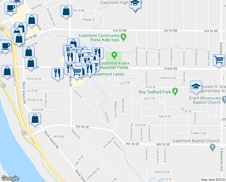 map of restaurants, bars, coffee shops, grocery stores, and more near 239 South Georgia Avenue in East Wenatchee