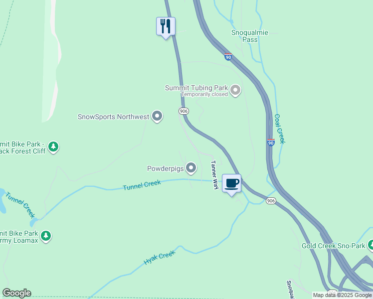 map of restaurants, bars, coffee shops, grocery stores, and more near 220 Tanner Way in Snoqualmie Pass