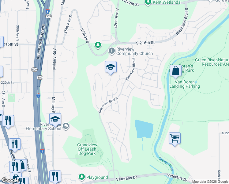 map of restaurants, bars, coffee shops, grocery stores, and more near 22118 41st Place South in Kent