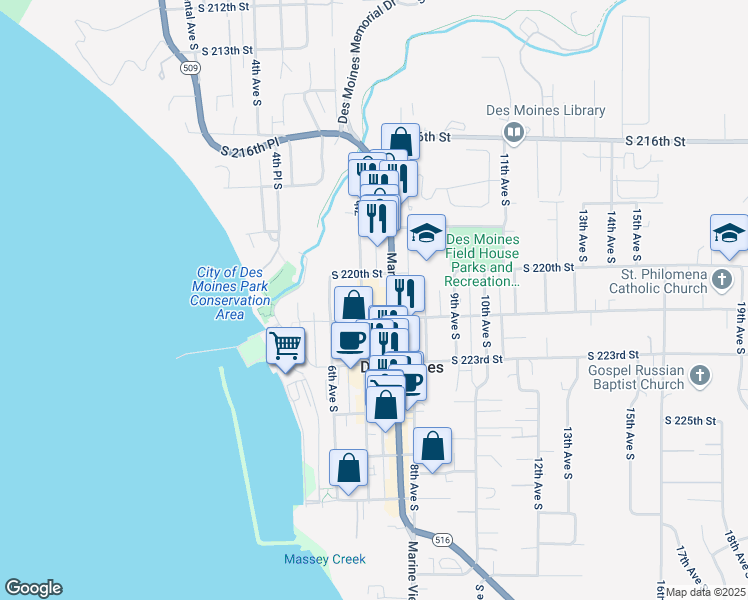 map of restaurants, bars, coffee shops, grocery stores, and more near 22207 Marine View Drive South in Des Moines