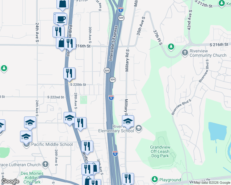 map of restaurants, bars, coffee shops, grocery stores, and more near 3201 South 220th Street in SeaTac