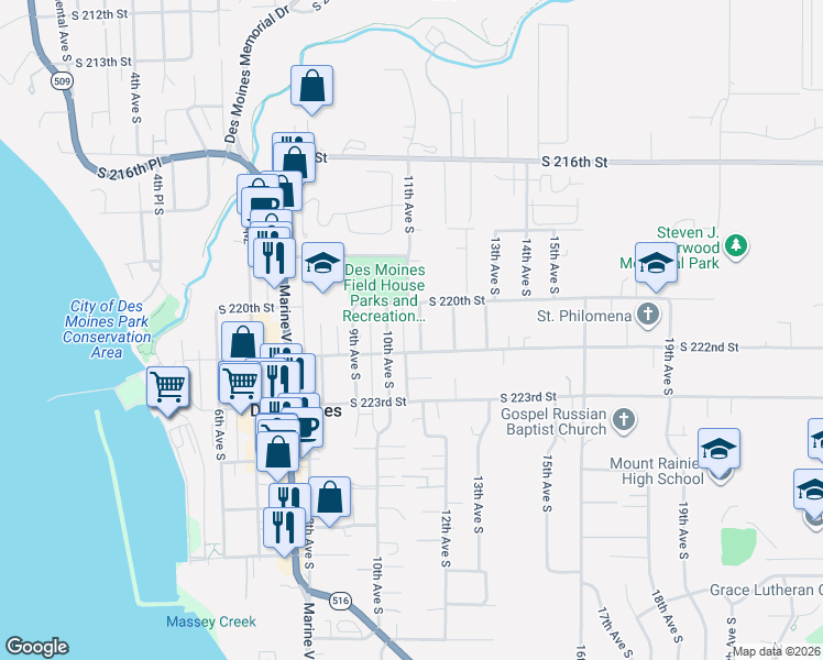 map of restaurants, bars, coffee shops, grocery stores, and more near 22023 11th Avenue South in Des Moines