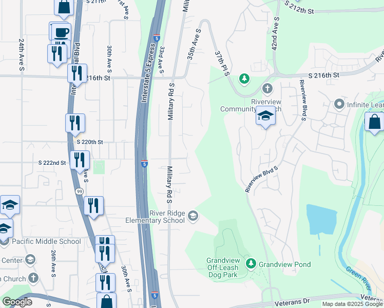 map of restaurants, bars, coffee shops, grocery stores, and more near 22026 34th Avenue South in SeaTac