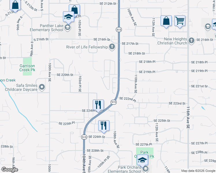 map of restaurants, bars, coffee shops, grocery stores, and more near 22027 107th Avenue Southeast in Kent