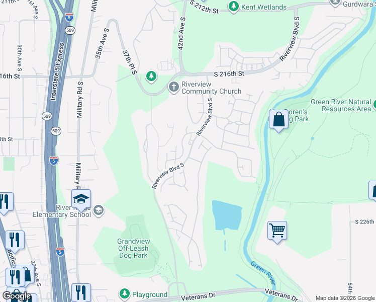 map of restaurants, bars, coffee shops, grocery stores, and more near 22007 41st Avenue South in Kent