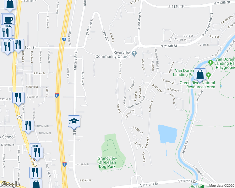 map of restaurants, bars, coffee shops, grocery stores, and more near 22009 39th Place South in Kent