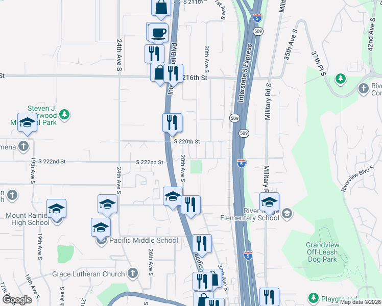 map of restaurants, bars, coffee shops, grocery stores, and more near 22018 28th Place South in Des Moines
