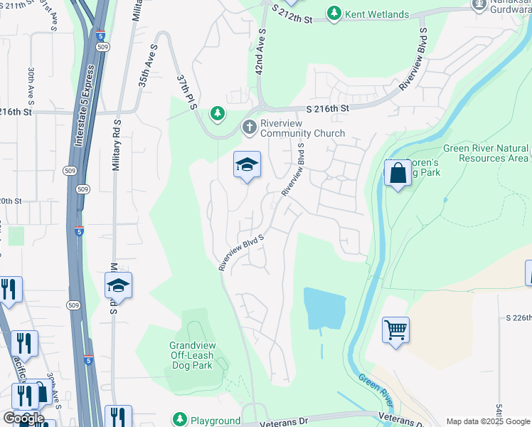 map of restaurants, bars, coffee shops, grocery stores, and more near 22022 42nd Avenue South in Kent