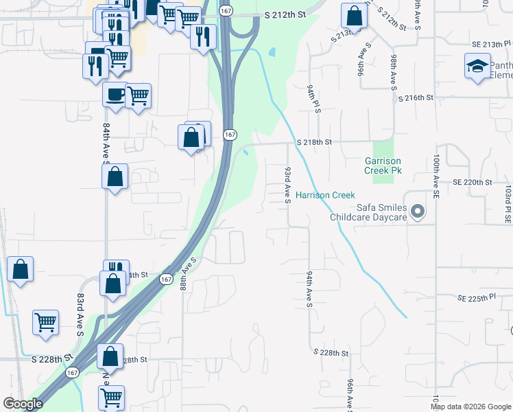 map of restaurants, bars, coffee shops, grocery stores, and more near 22007 92nd Avenue South in Kent