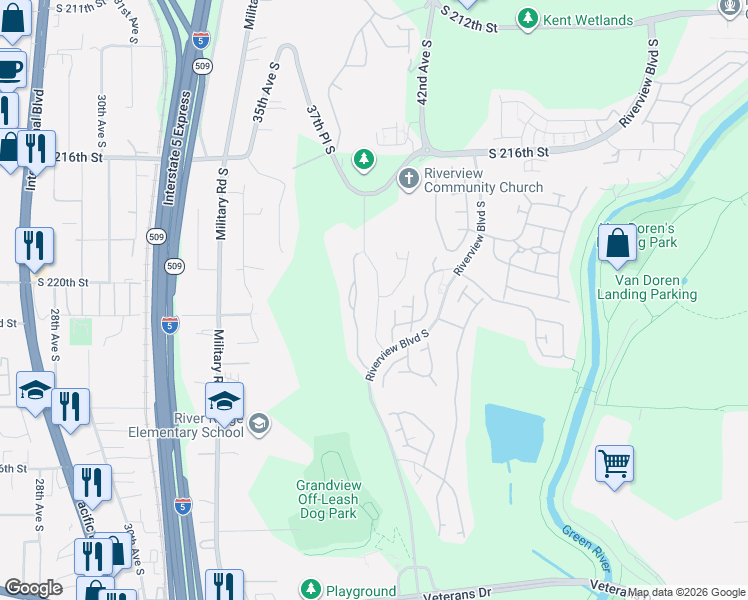 map of restaurants, bars, coffee shops, grocery stores, and more near 22019 40th Place South in Kent