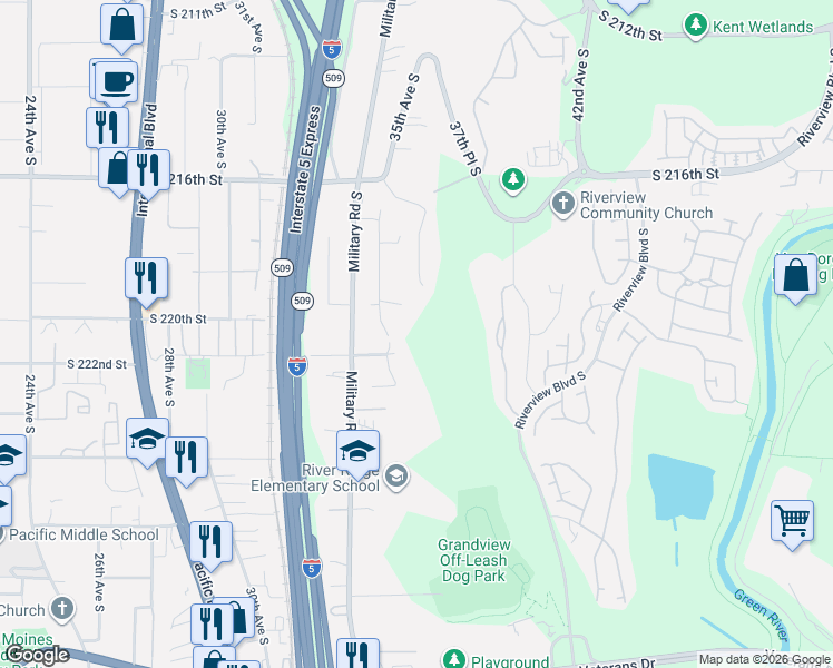 map of restaurants, bars, coffee shops, grocery stores, and more near 22004 34th Avenue South in SeaTac