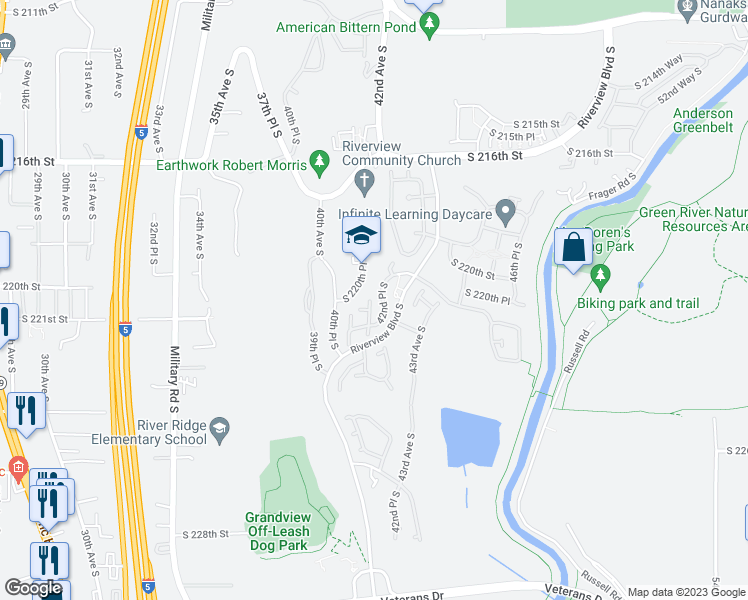 map of restaurants, bars, coffee shops, grocery stores, and more near 22007 41st Avenue South in Kent