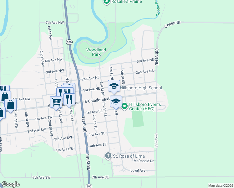 map of restaurants, bars, coffee shops, grocery stores, and more near 1-99 5th St NE in Hillsboro