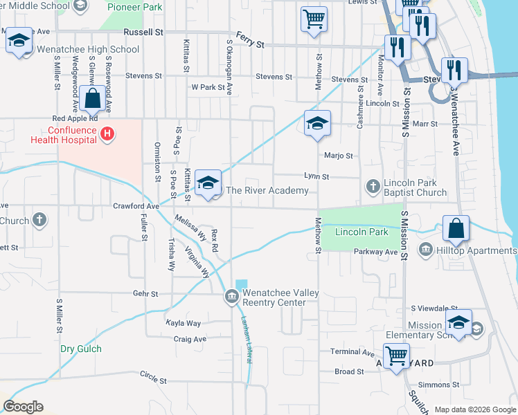 map of restaurants, bars, coffee shops, grocery stores, and more near 520 Crawford Avenue in Wenatchee