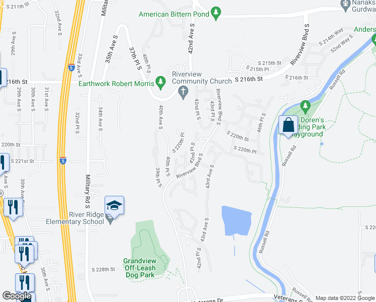 map of restaurants, bars, coffee shops, grocery stores, and more near 22007 41st Avenue South in Kent