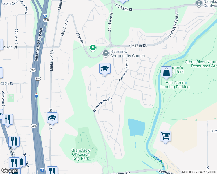 map of restaurants, bars, coffee shops, grocery stores, and more near 22010 42nd Avenue South in Kent