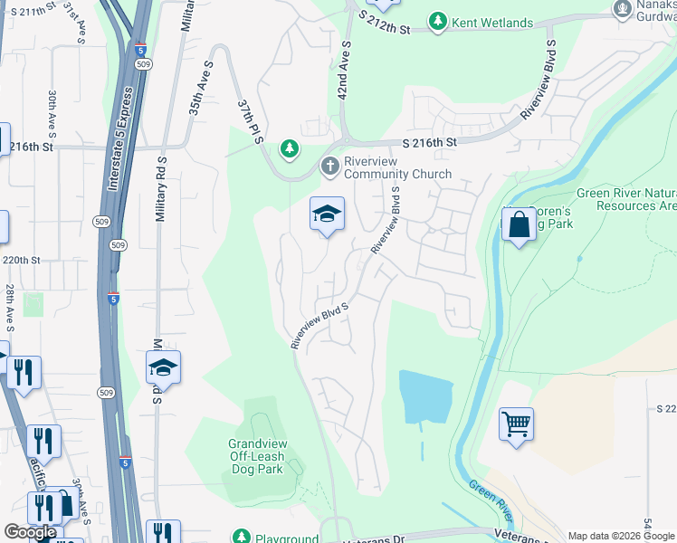 map of restaurants, bars, coffee shops, grocery stores, and more near 21929 42nd Avenue South in Kent