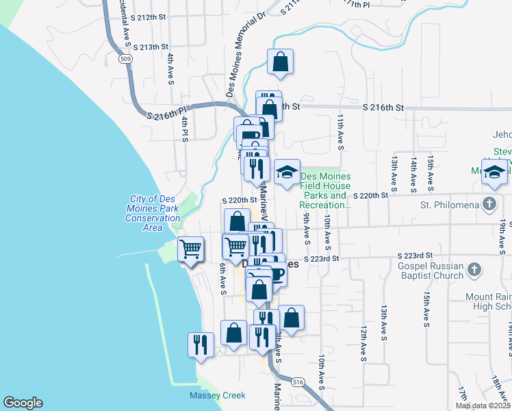 map of restaurants, bars, coffee shops, grocery stores, and more near 21937 Marine View Drive South in Des Moines