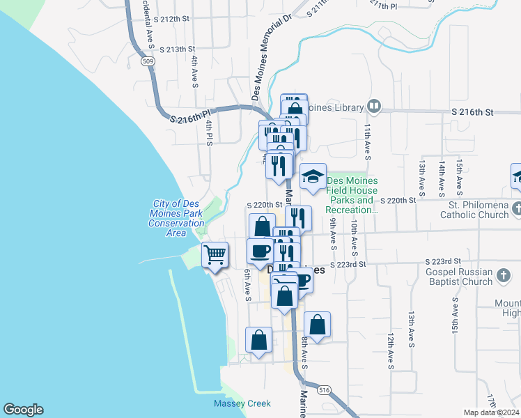 map of restaurants, bars, coffee shops, grocery stores, and more near 21937 7th Avenue South in Des Moines