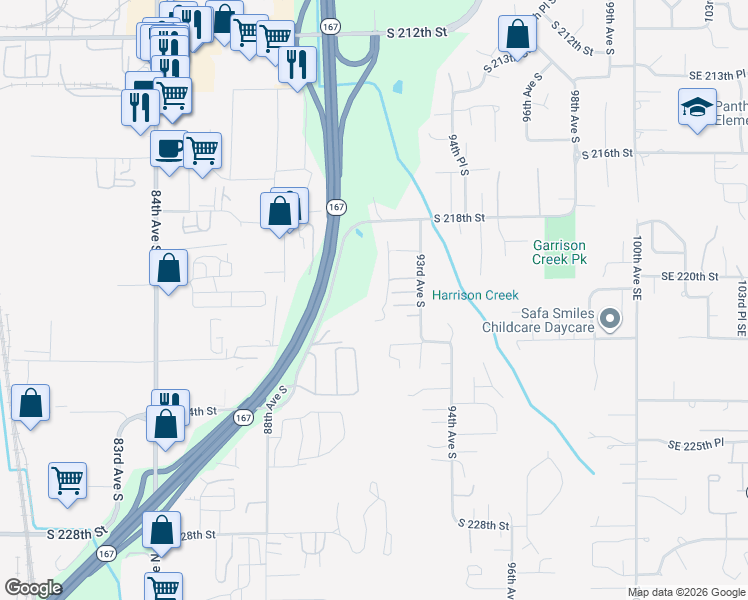 map of restaurants, bars, coffee shops, grocery stores, and more near 22007 92nd Avenue South in Kent