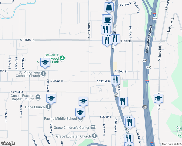 map of restaurants, bars, coffee shops, grocery stores, and more near 2401 South 220th Street in Des Moines