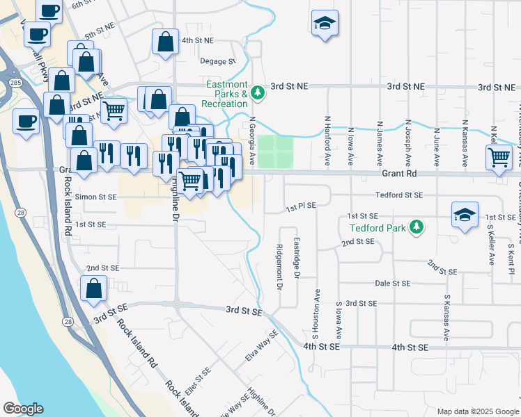 map of restaurants, bars, coffee shops, grocery stores, and more near 35 South Georgia Avenue in East Wenatchee