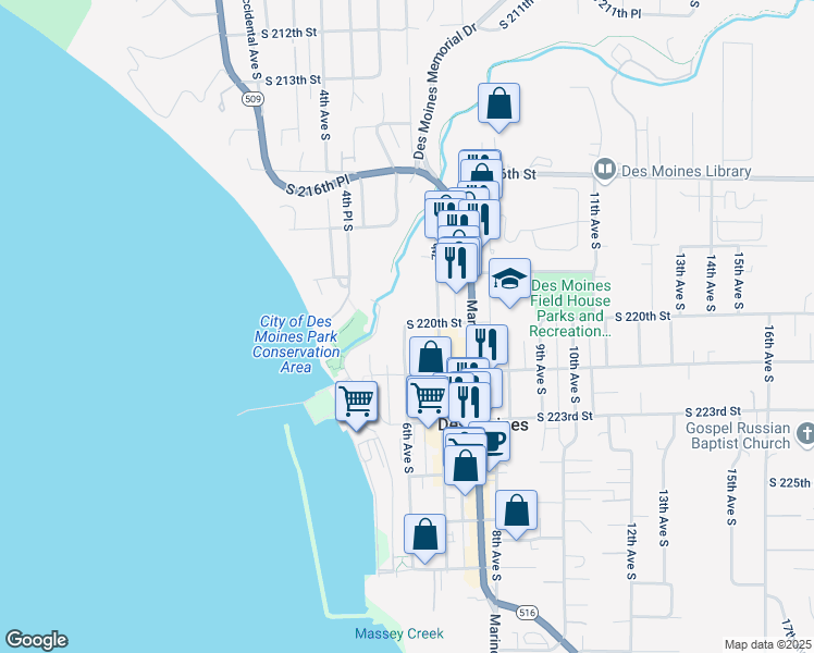 map of restaurants, bars, coffee shops, grocery stores, and more near 22005 6th Avenue South in Des Moines