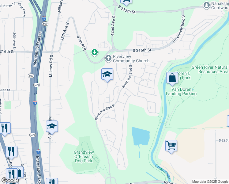 map of restaurants, bars, coffee shops, grocery stores, and more near 22118 41st Place South in Kent