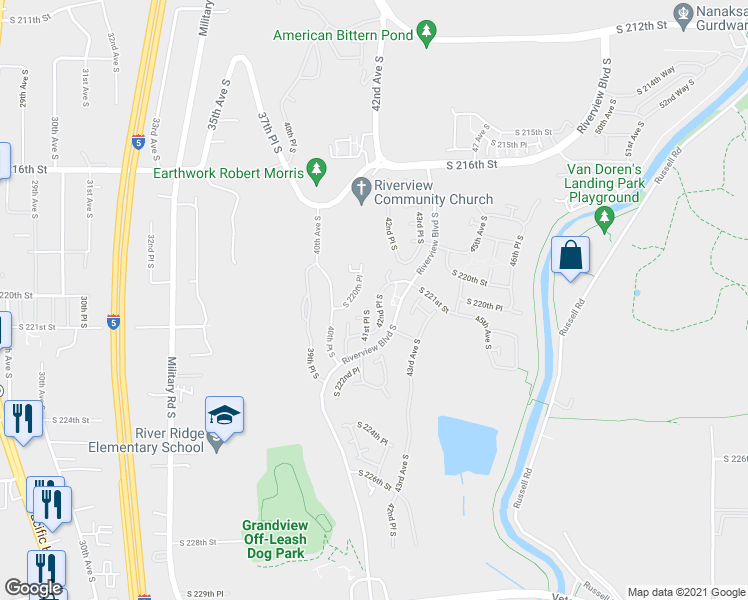 map of restaurants, bars, coffee shops, grocery stores, and more near 22007 41st Avenue South in Kent