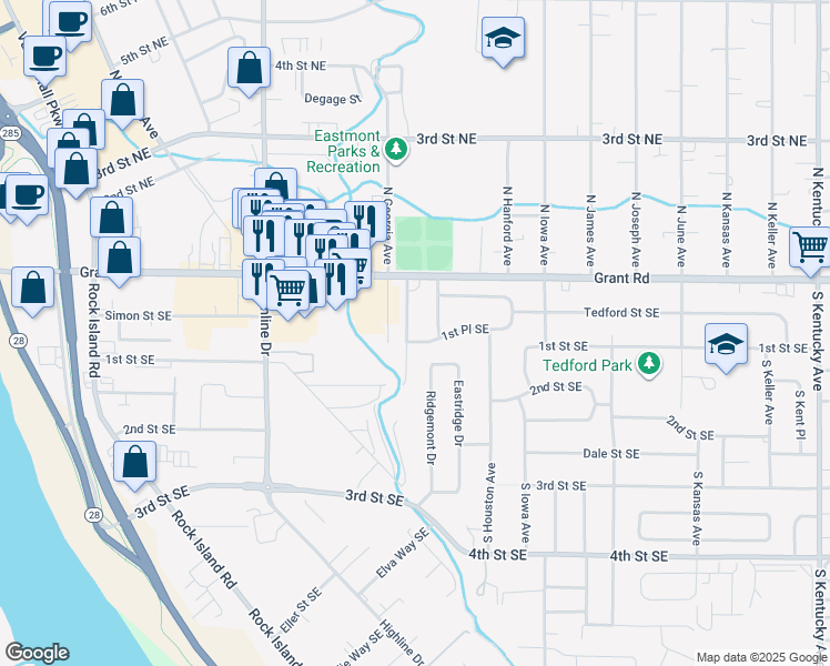 map of restaurants, bars, coffee shops, grocery stores, and more near 35 South Georgia Avenue in East Wenatchee