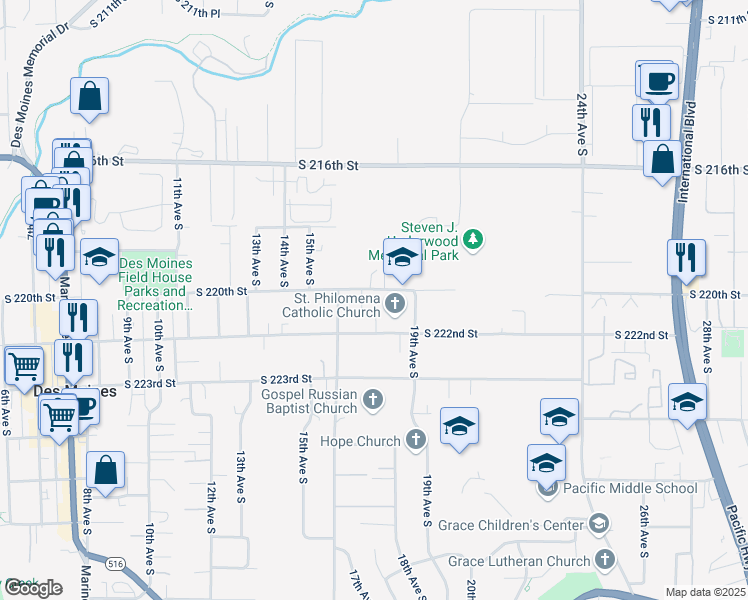 map of restaurants, bars, coffee shops, grocery stores, and more near 1705 South 220th Street in Des Moines