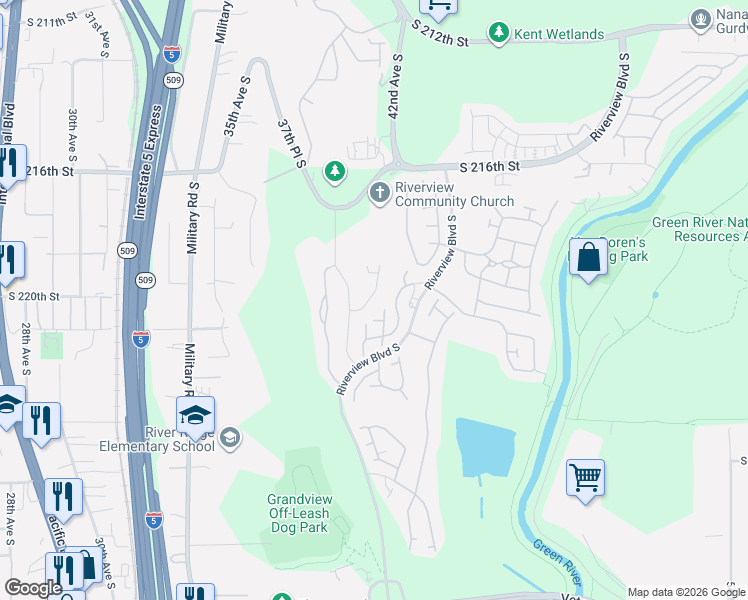 map of restaurants, bars, coffee shops, grocery stores, and more near 4103 South 220th Place in Kent
