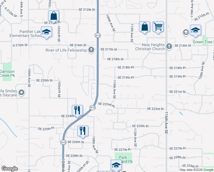 map of restaurants, bars, coffee shops, grocery stores, and more near 10827 Southeast 220th Place in Kent