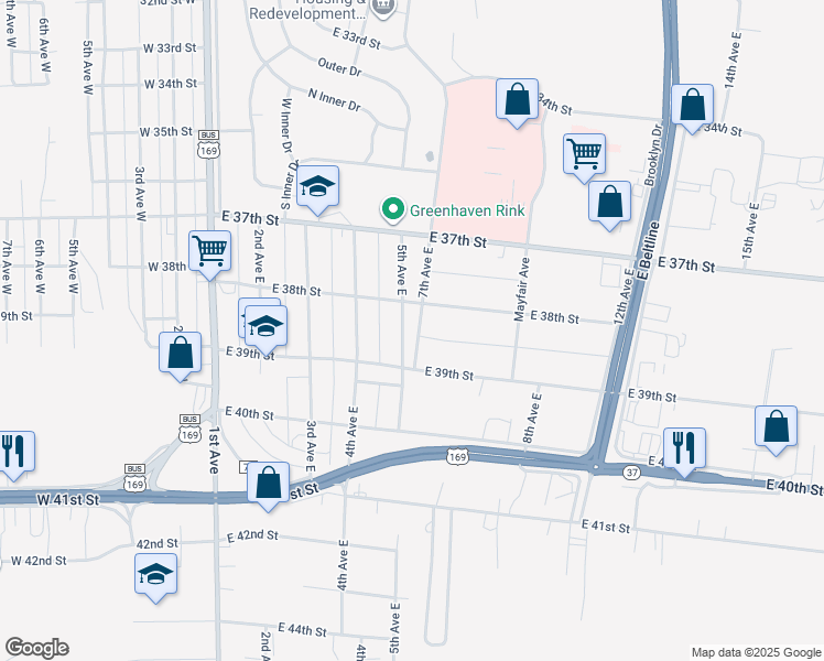 map of restaurants, bars, coffee shops, grocery stores, and more near 3822 5th Avenue East in Hibbing