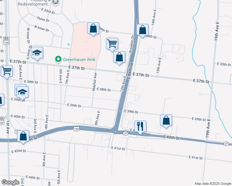 map of restaurants, bars, coffee shops, grocery stores, and more near 822 East 38th Street in Hibbing