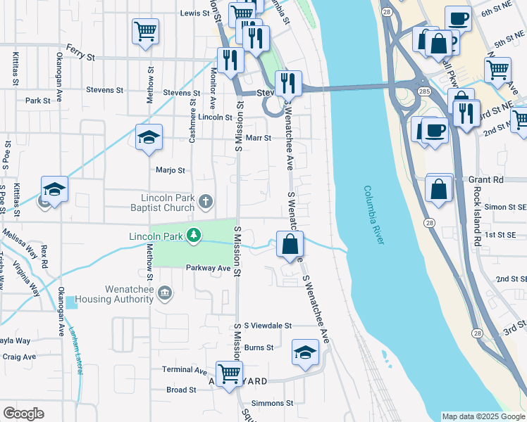 map of restaurants, bars, coffee shops, grocery stores, and more near 150 Crawford Avenue in Wenatchee