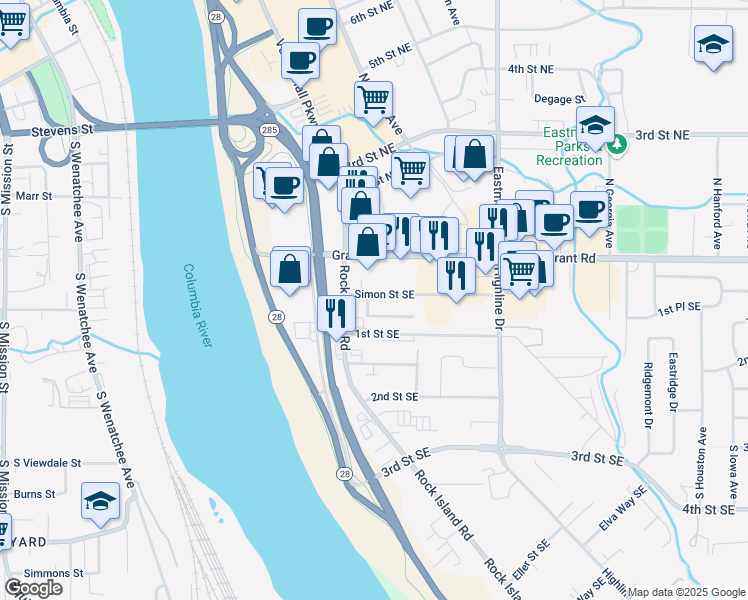 map of restaurants, bars, coffee shops, grocery stores, and more near 100 Simon Street Southeast in East Wenatchee