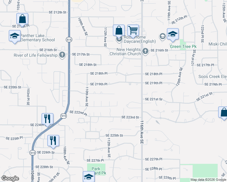map of restaurants, bars, coffee shops, grocery stores, and more near 11212 Southeast 220th Place in Kent
